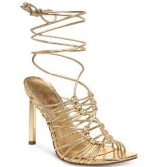 Sam Edelman Shoes - Sam Edelman Lylah Gold Metallic Open Toe Strappy Ankle Wrap High Heels Size 8.5